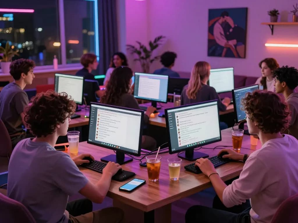 Engaging participants in a lively sexchat environment illuminated with neon lights.