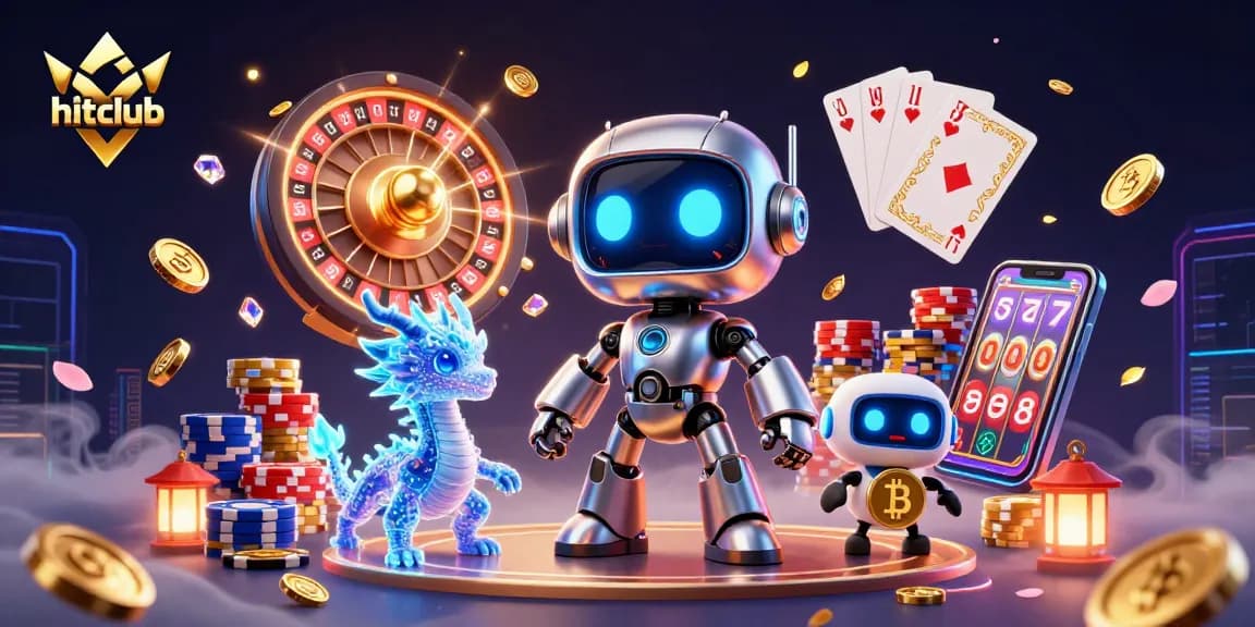 Hitclub showcases a vibrant 3D casino scene, featuring a cyberpunk mascot and flowing golden coins.