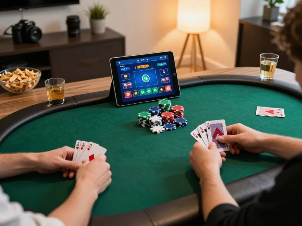 Go8 players engage in an online poker game from a cozy home setting with vibrant atmosphere