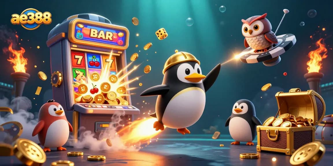 Experience the excitement of ae388 with a penguin racing through a shimmering casino space
