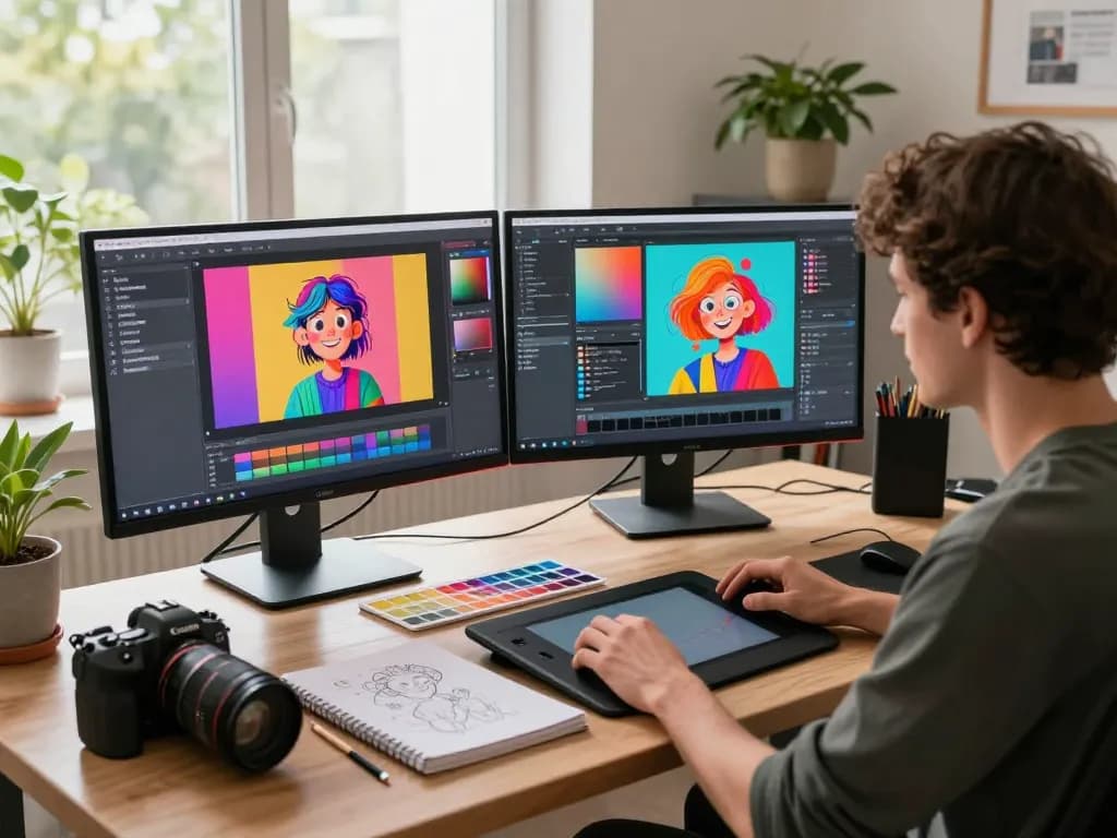 Artist editing images with nano banana ai in a bright digital studio.