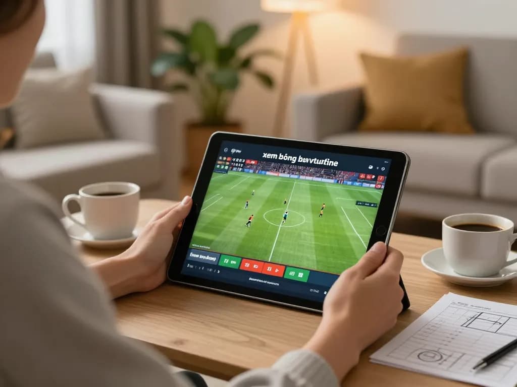 xem bóng đá trực tuyến with immersive live match gameplay on a tablet in a cozy home setting