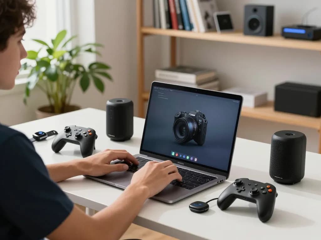Person using must have tech gadgets in a modern workspace with Bluetooth devices and natural light.