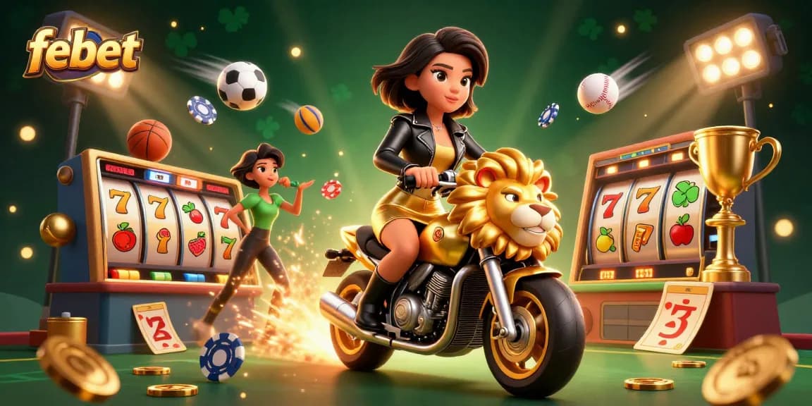 Play thrilling slots with febet as glamorous woman rides golden lion, sparkling poker chips surround the action.