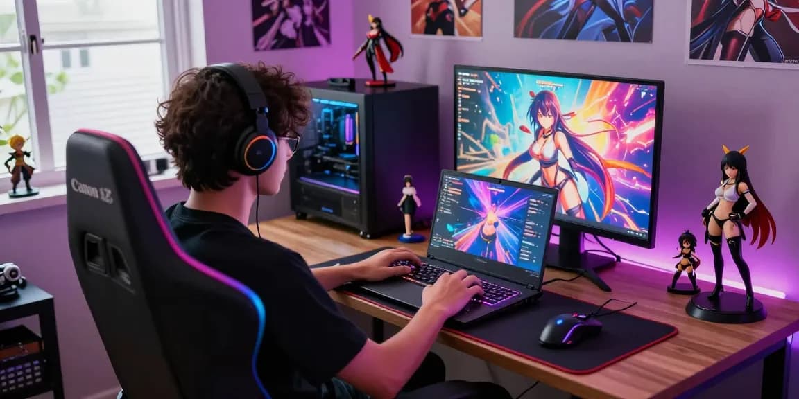 Engaging player enjoying AI hentai games on a modern gaming laptop in a vibrant setup with RGB lighting and anime decor.