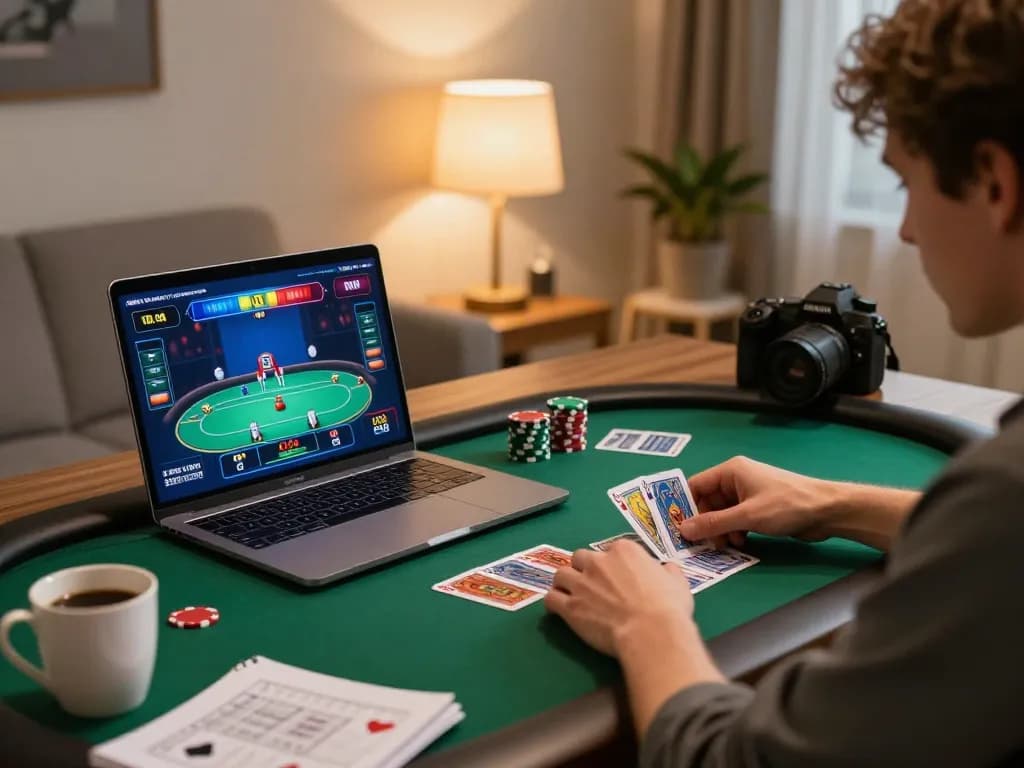Engaging player strategizing for cm88 poker game on laptop, showcasing responsible gaming
