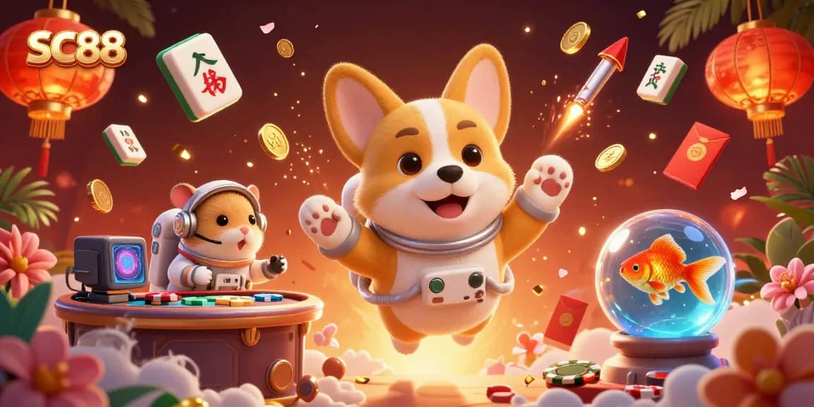 Join the adventure at SC88 with a lively illustration of a corgi astronaut and casino elements.