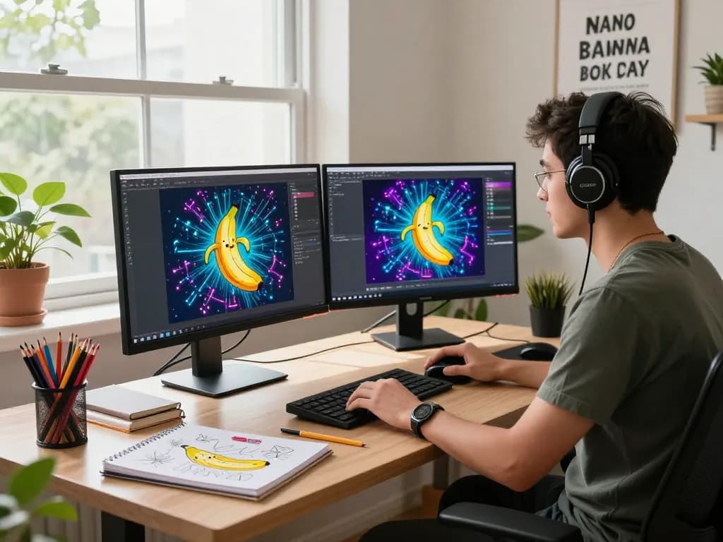 Developer creating AI-generated art with nano banana flash in a modern tech workspace.
