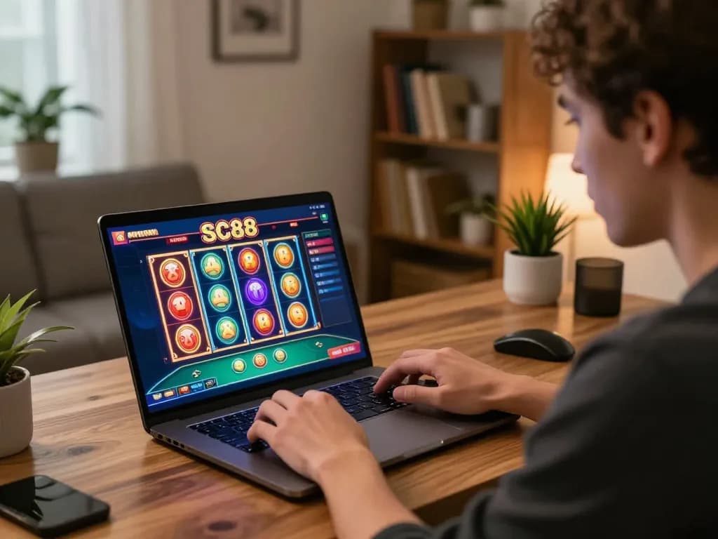 Engaged player enjoying SC88 casino online slots at a stylish home setup, showcasing modern gaming.