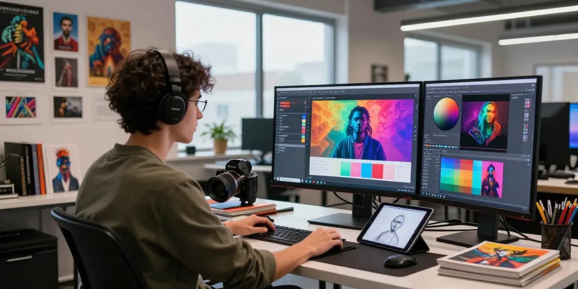 Creative designer crafting ai nsfw digital art in a vibrant studio.