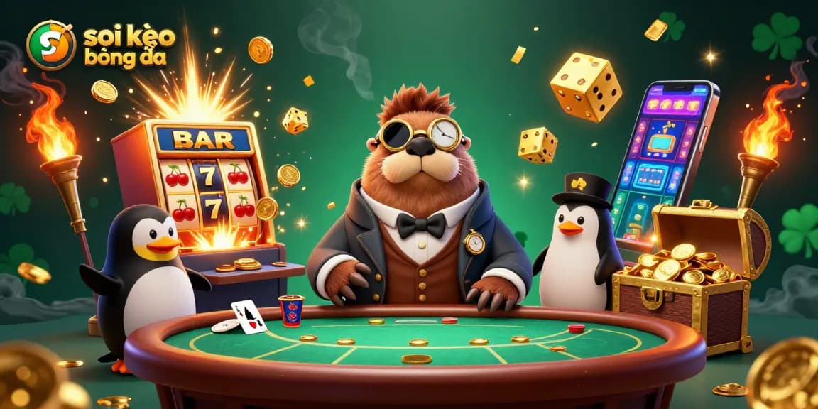 Soi kèo bóng đá scene with a walrus, penguin dealer, and pufferfish at an energetic underwater poker table.