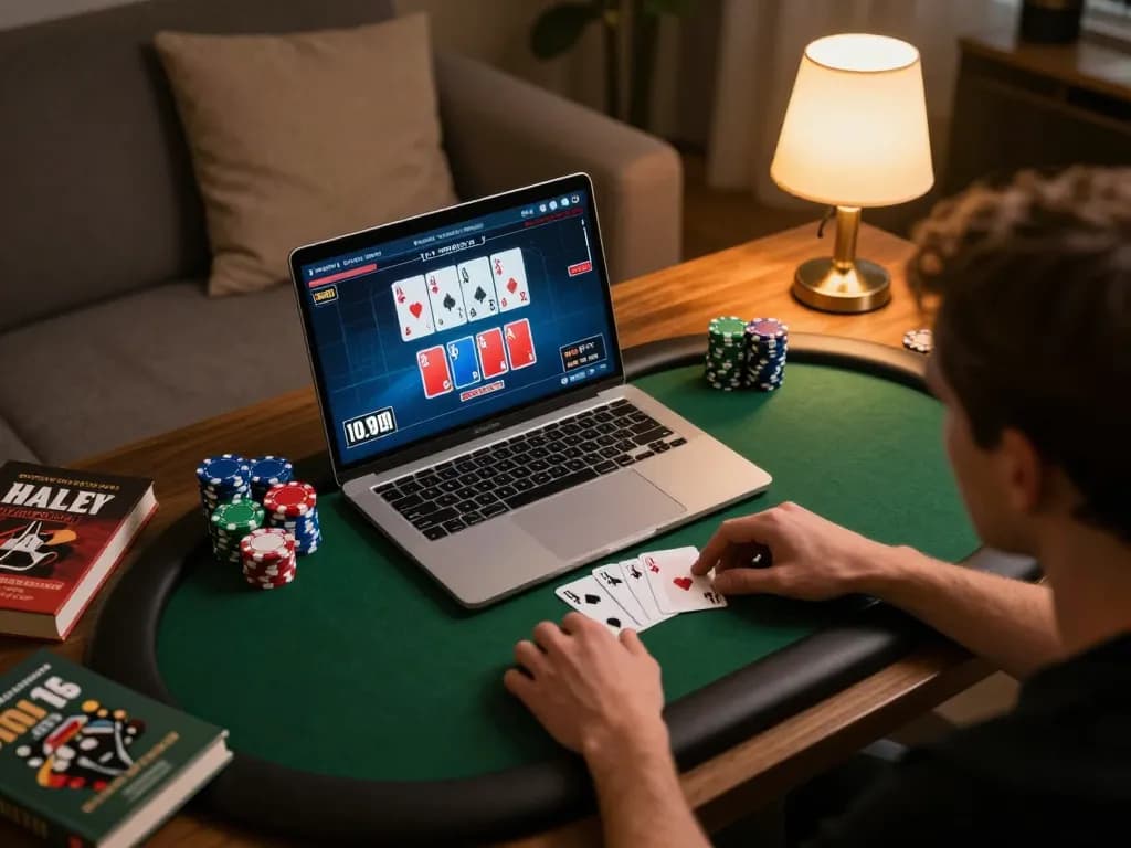 windd player engaging in thrilling online poker game setup from home, showcasing strategy notes and cozy atmosphere