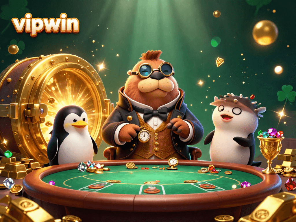 Experience high-stakes poker action with vipwin’s vibrant underwater scene featuring a talented walrus, sophisticated penguin dealer, and a cunning pufferfish.