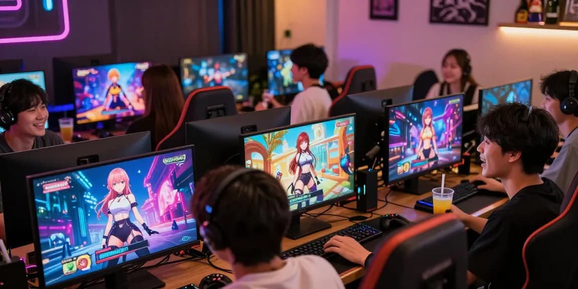Players enjoying hentai game adventures together on multiple devices in a vibrant gaming atmosphere.