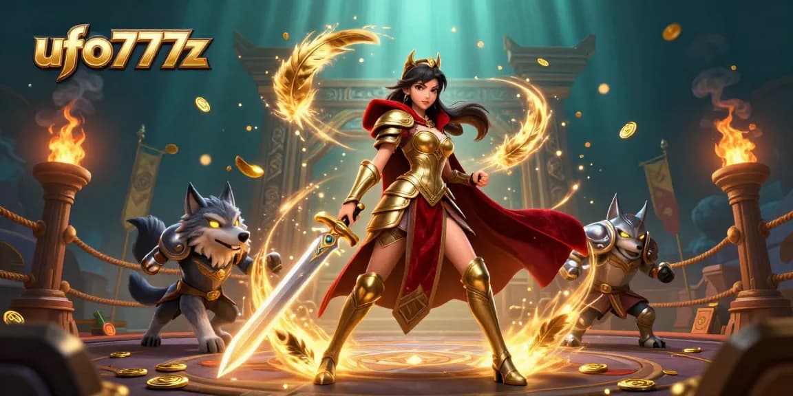 Experience exciting gaming action with ufo777z, featuring a warrior queen and glowing wolf in a vibrant casino setting.