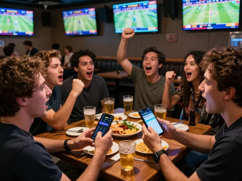 Engaging sports betting moment at 789win with friends cheering at a lively venue.