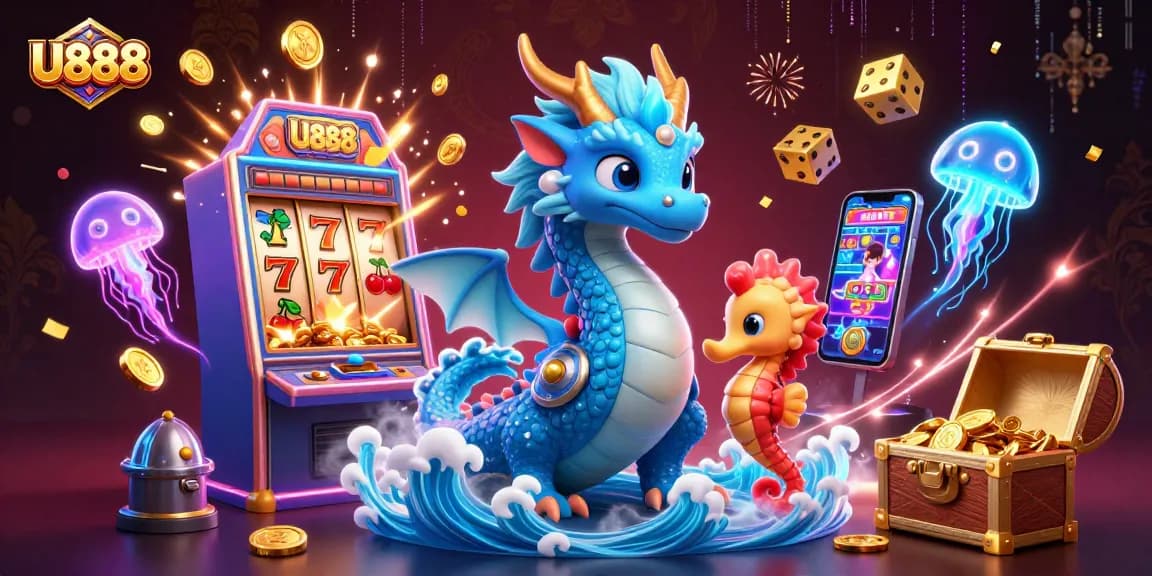 Experience astonishing wins at U888 with a dynamic casino scene featuring vibrant characters and game elements.