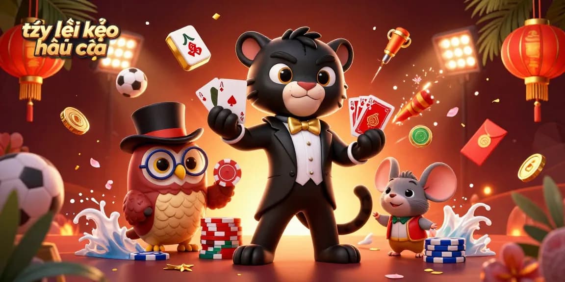 Engage with tỷ lệ kèo nhà cái through stylish characters in a vibrant sports betting scene, featuring a panther, owl, and mouse.