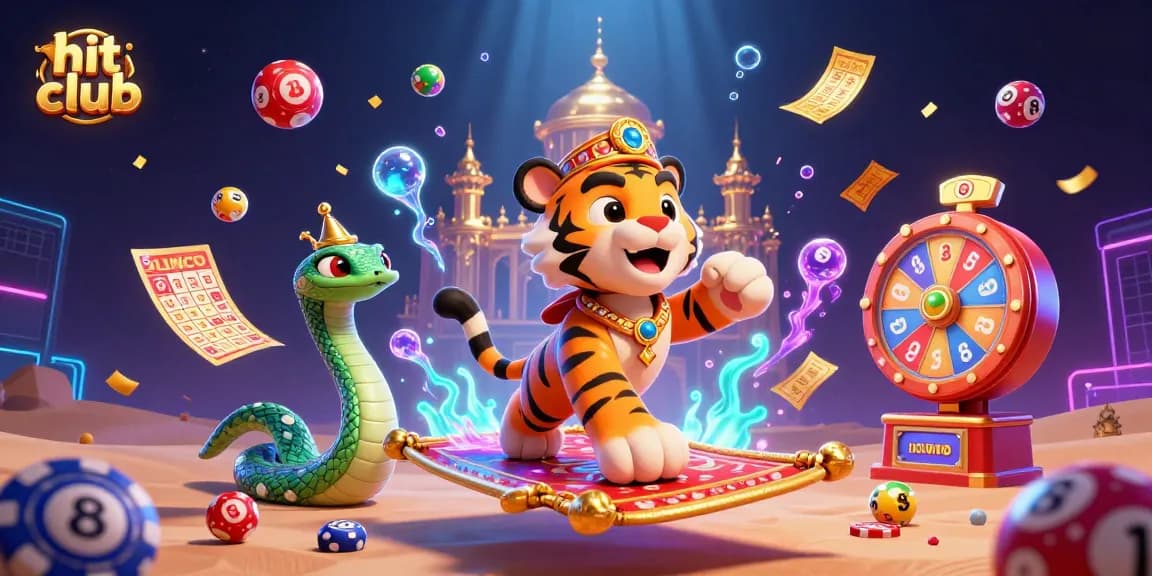 Hit club games featuring a vibrant Arabian Nights scene with lottery elements and colorful action.