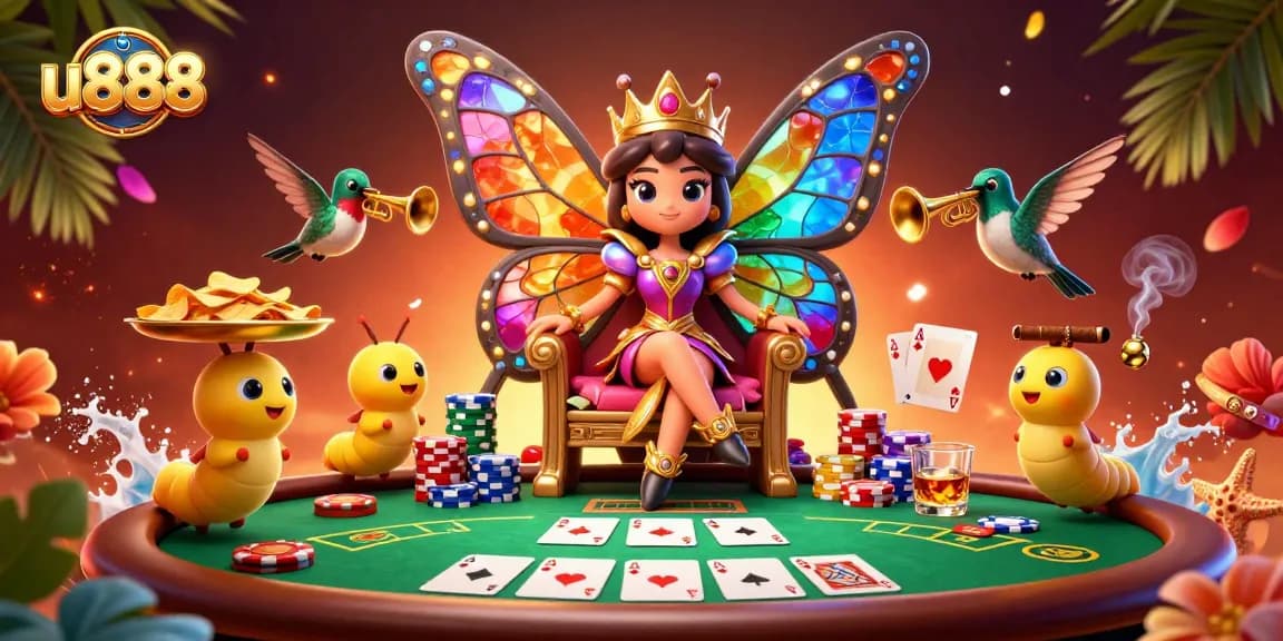 Experience the magic of u888 as a vibrant butterfly queen leads poker action amidst dynamic game elements.
