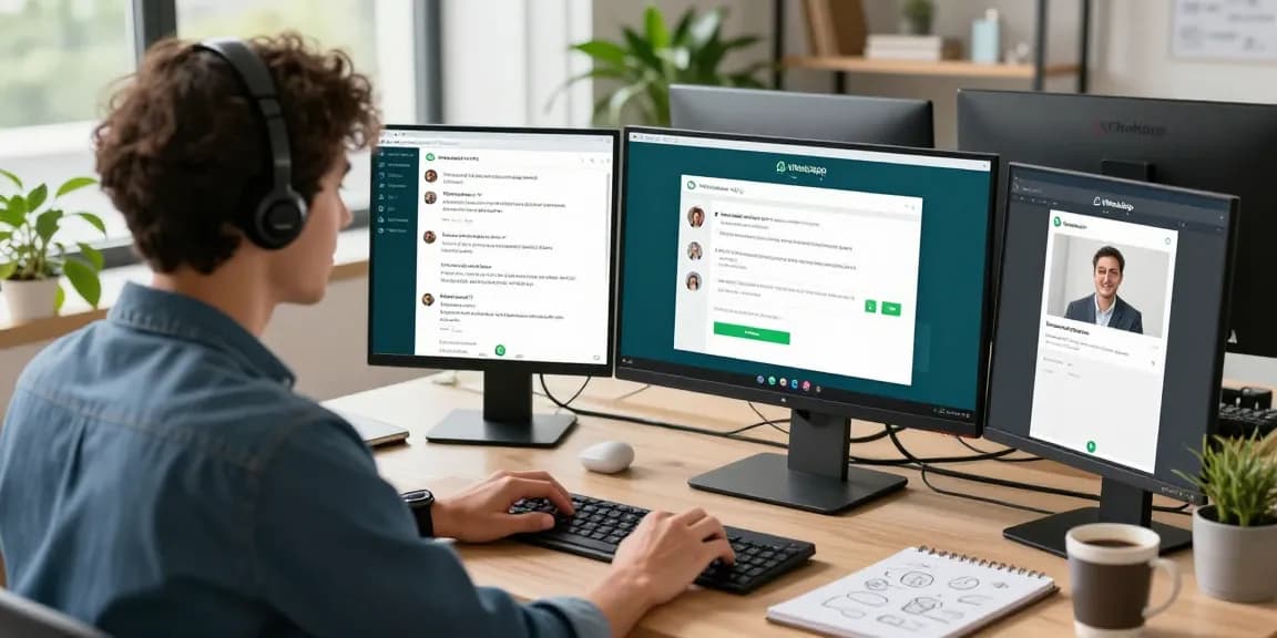 Professional user engaged with WhatsApp電腦版 desktop app, showcasing video call features in a modern workspace.