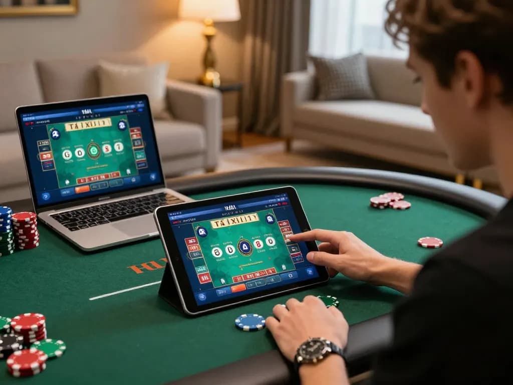 Tài xỉu player engaged in online gaming with tablet displaying betting interface