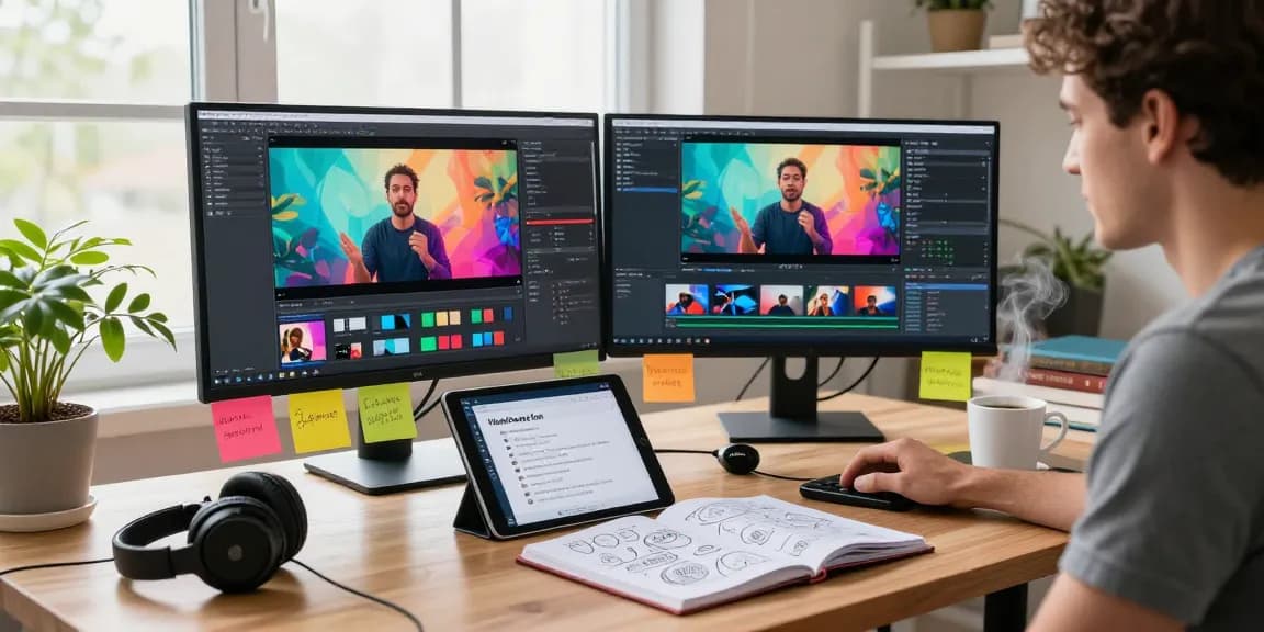 Content creator utilizing video to prompt tool in a vibrant workspace with multiple screens and creative materials.