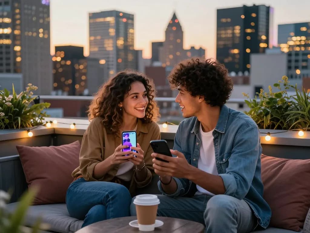 Engaging couple on rooftop interacting with their AI girlfriend chatbot.