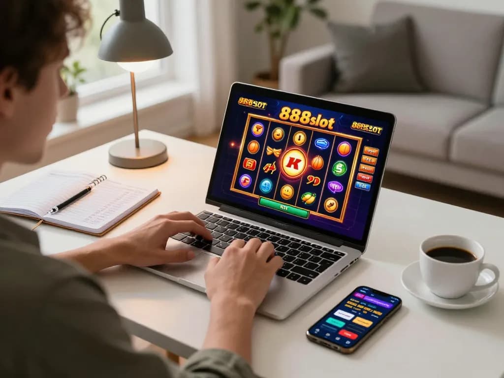 Engaged player enjoying 888slot on a laptop in a cozy home setup with colorful reels spinning.