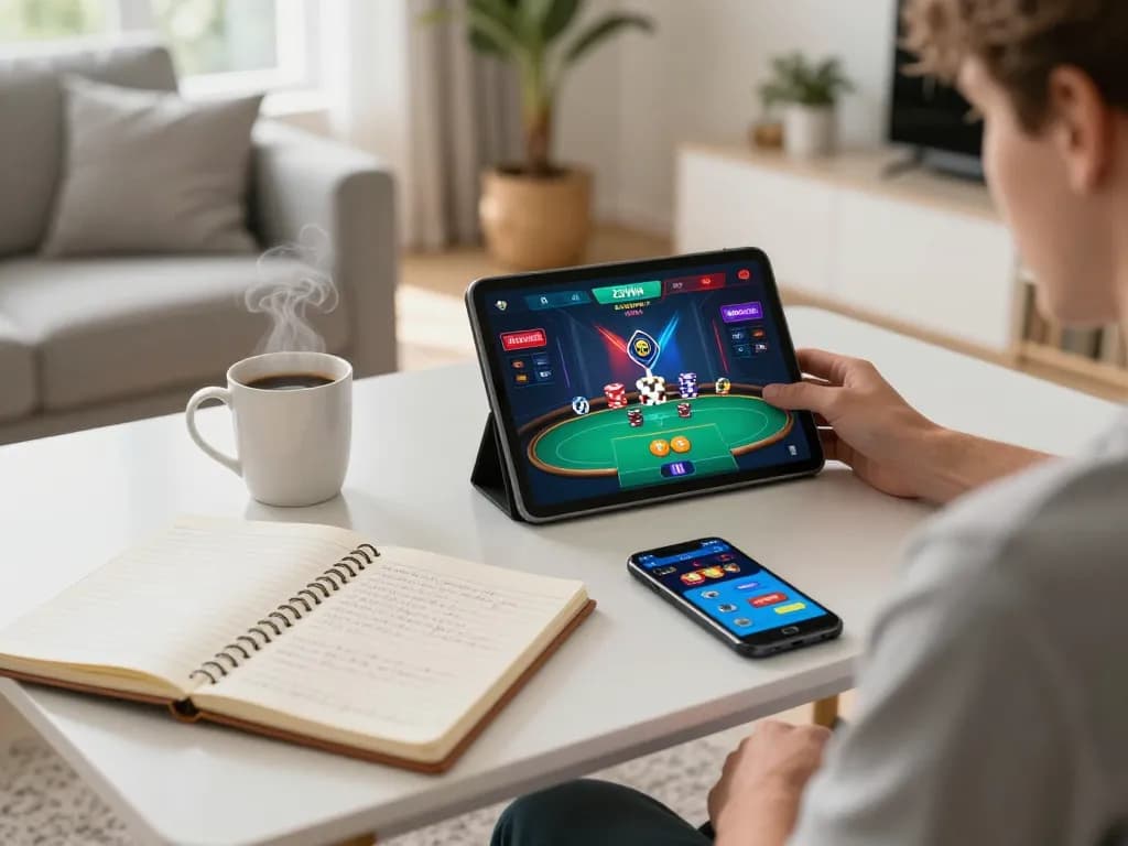 Person strategizing in a home gaming setup with 23Win tablet interface visible and engaging atmosphere.