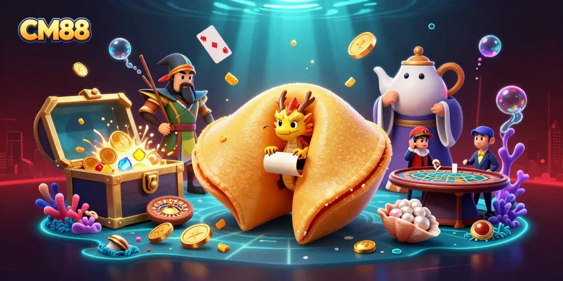 Experience CM88's exciting gaming adventure with a magical dragon, fortune cookie, and casino elements.