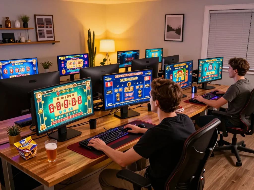 Engaging in thrilling online gameplay at 888b, showcasing vibrant gaming setup and celebratory moments.