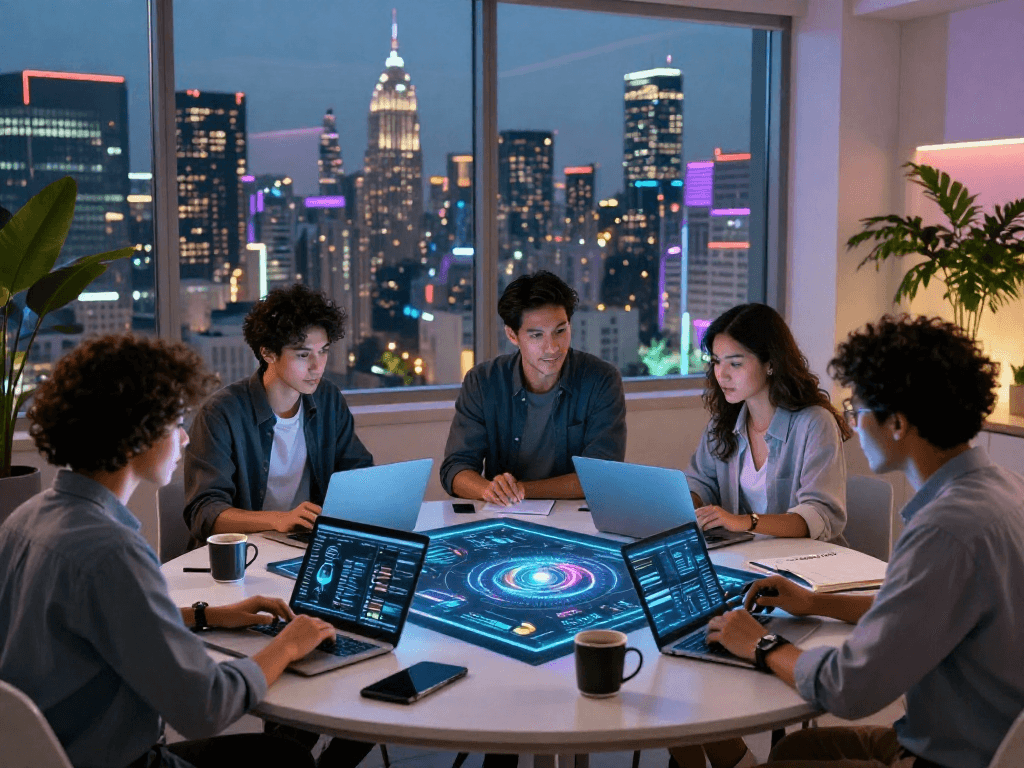 Collaboration on AI solutions in a futuristic workspace with 18+ ai technology insights.