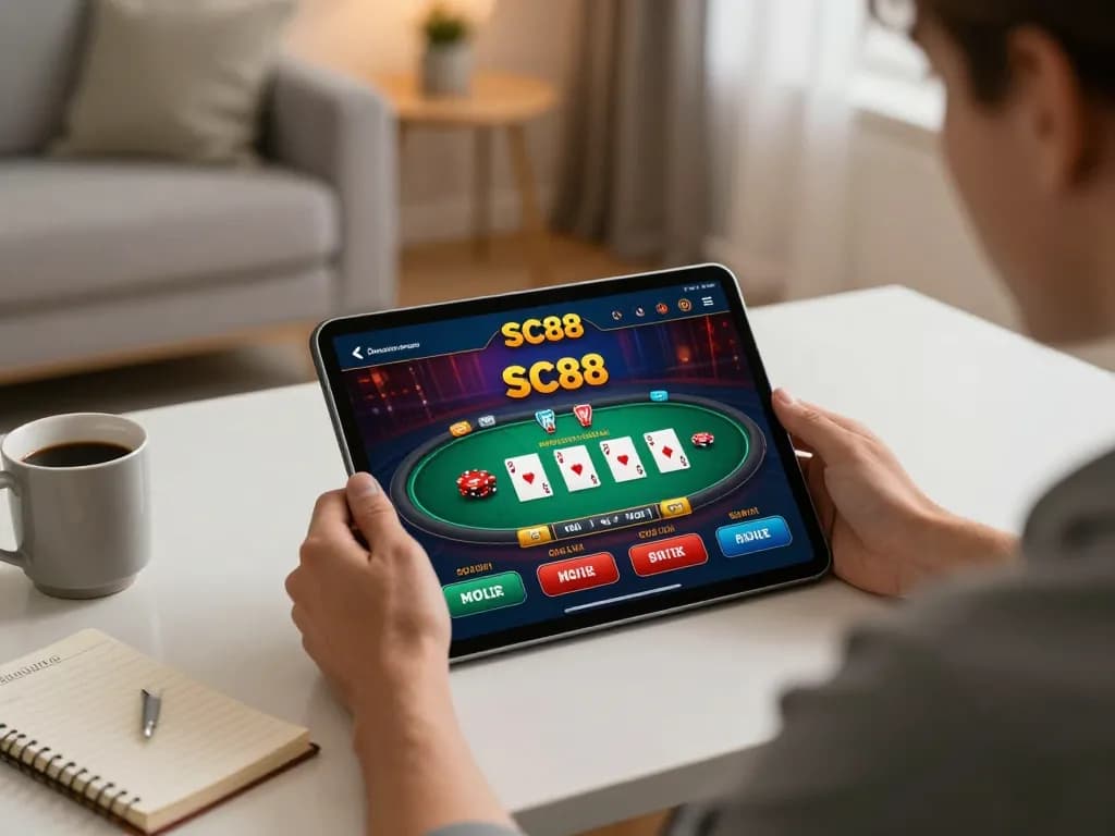 Player using SC88 casino app on tablet for strategic online gambling with vibrant graphics