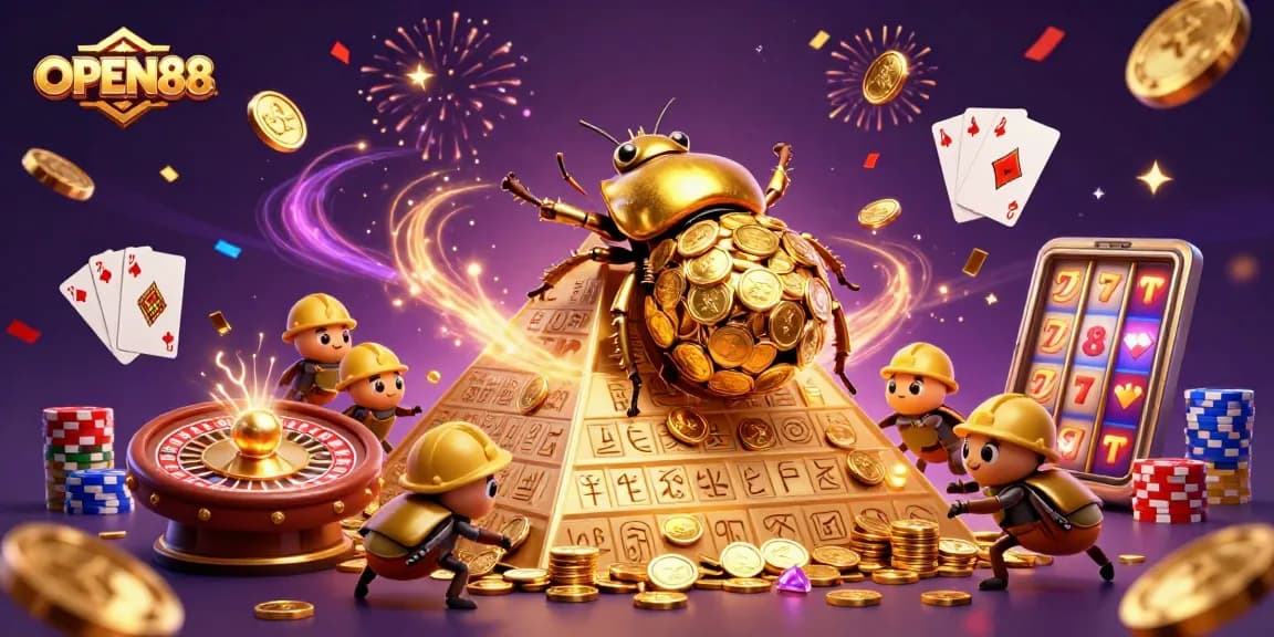 Spin and win at OPEN88 with golden coins, vibrant casino elements, and festive energy