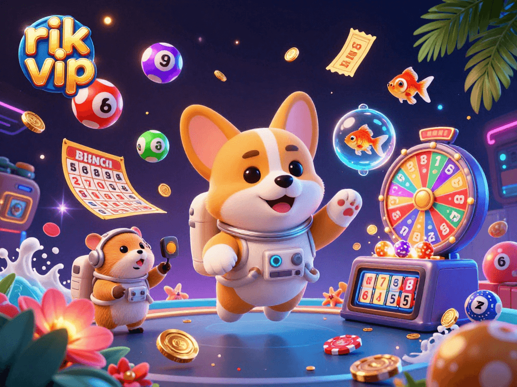 rik vip space casino illustration showcasing fun rewards and games amidst vibrant, floating elements