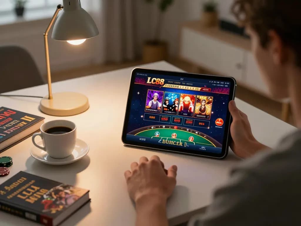 Engaged in online gaming with LC88 on tablet at cozy home desk.