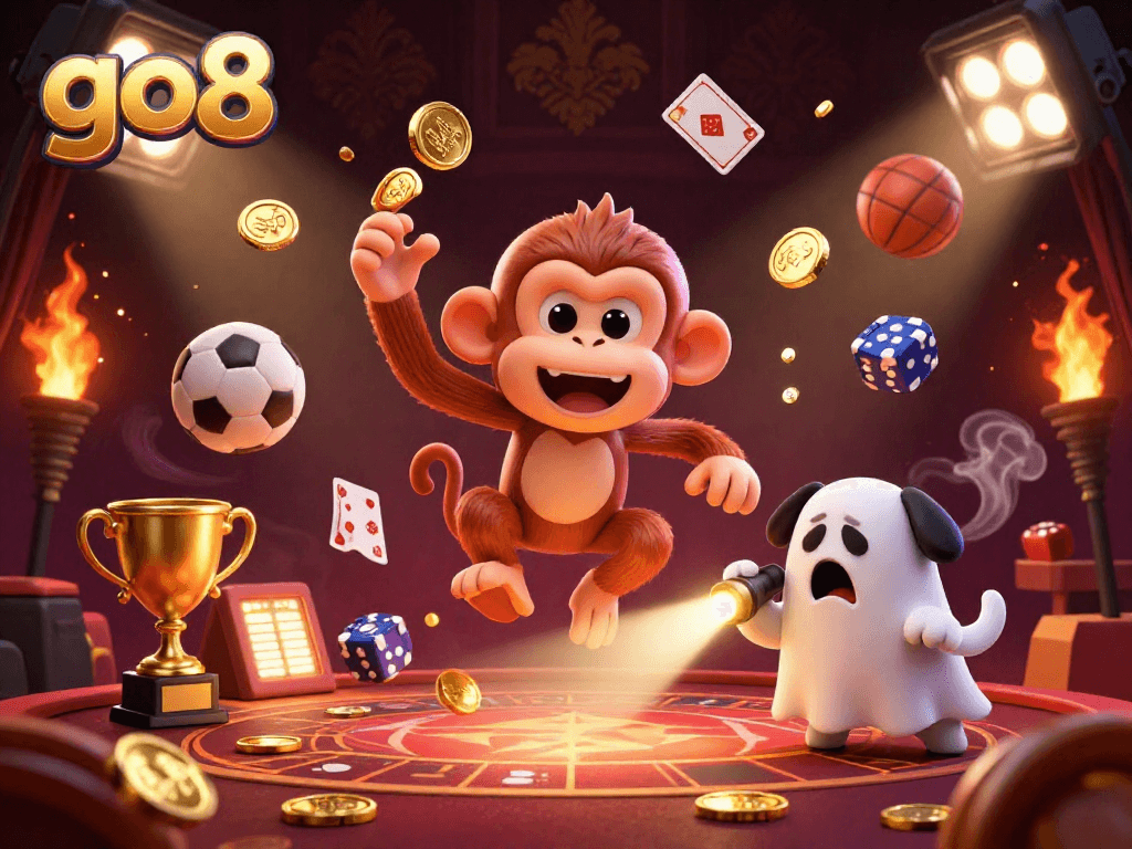 Engage with go8's thrilling casino options as the playful poltergeist monkey juggles gold amidst a haunted casino.
