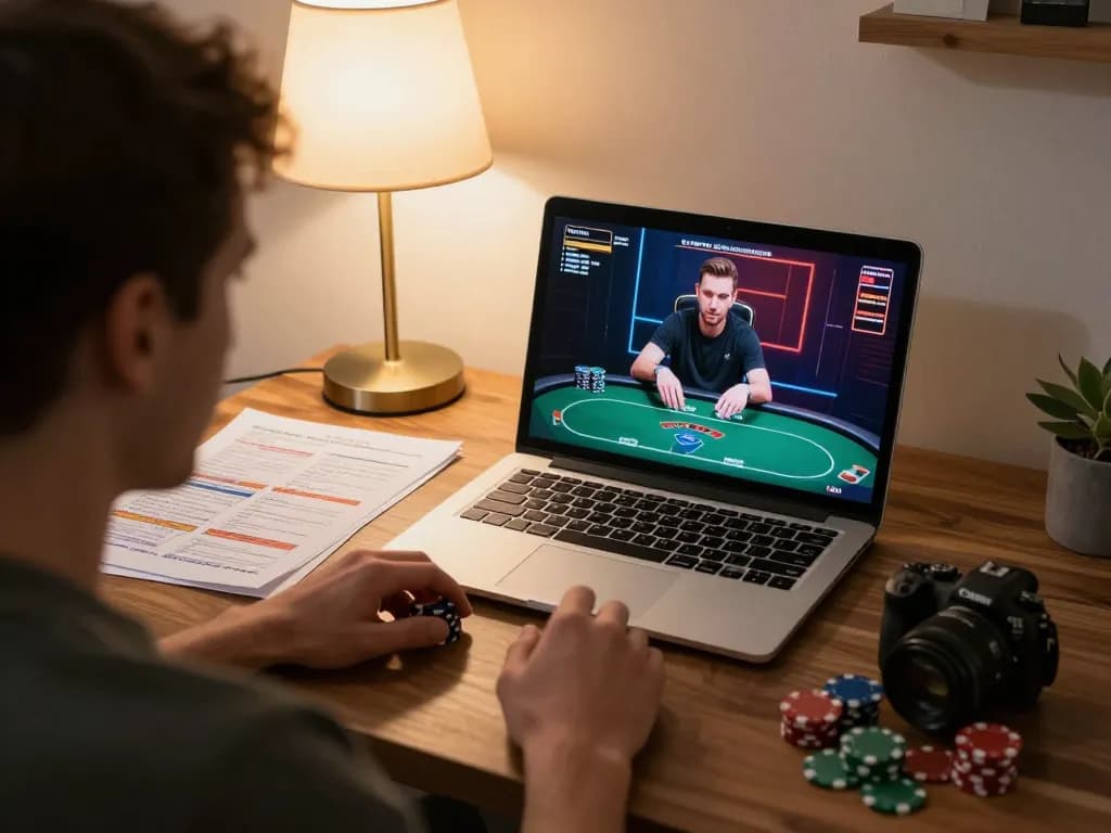 N188 online poker player strategizing with notes and laptop in a cozy home office.