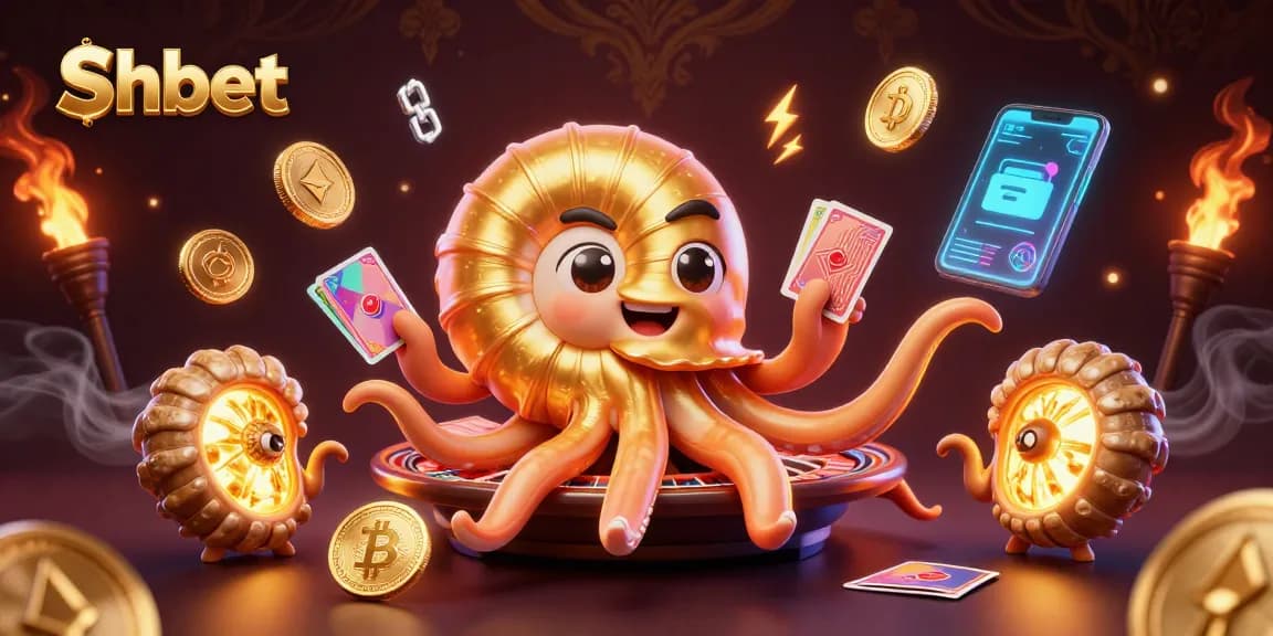 Engage with Shbet's immersive casino experience featuring a giant nautilus roulette and crypto elements.