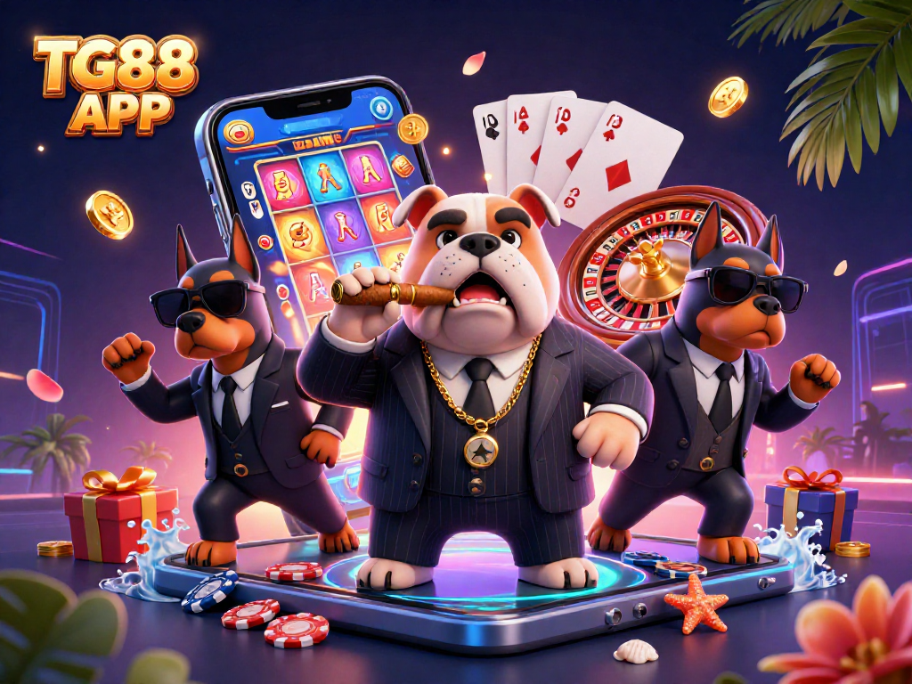 Experience thrilling gaming with TG88 APP, featuring a dynamic scene with animated characters and casino elements.
