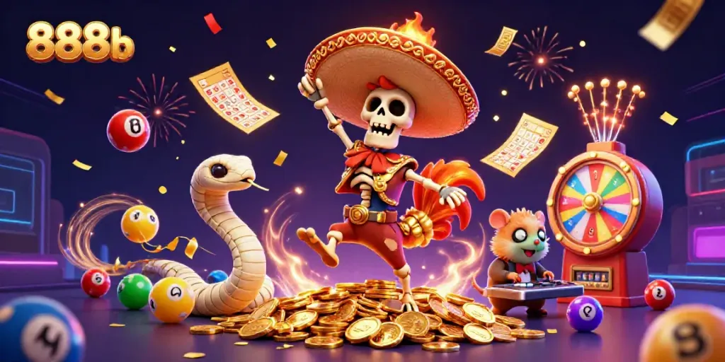 Engage with the thrilling 888b gaming scene featuring a lively skeleton mariachi rooster and more.