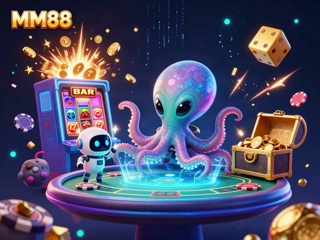 Experience MM88's vibrant gaming world with a space alien octopus at a poker table, surrounded by playful casino elements.