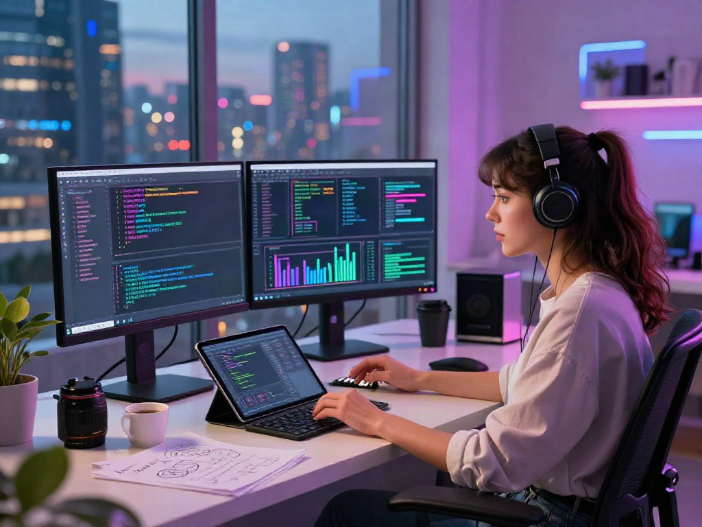 Engaged young woman coding AI projects at a high-tech workstation; 18+ ai innovation.