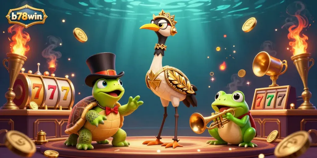 B78win showcases 3D cartoon characters in a vibrant gaming scene with slot machines and golden coins.
