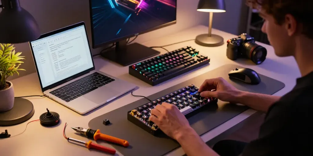 Assembling the Wooting 60HE v2 module at a modern workspace with colorful keyboard components and tools.