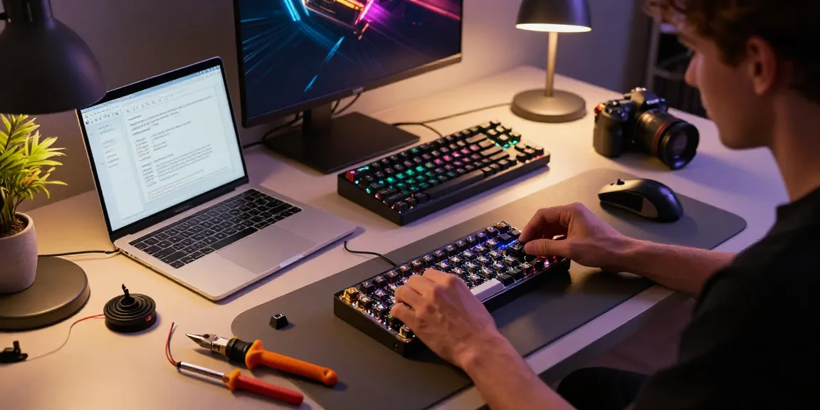 Assembling the Wooting 60HE v2 module at a modern workspace with colorful keyboard components and tools.