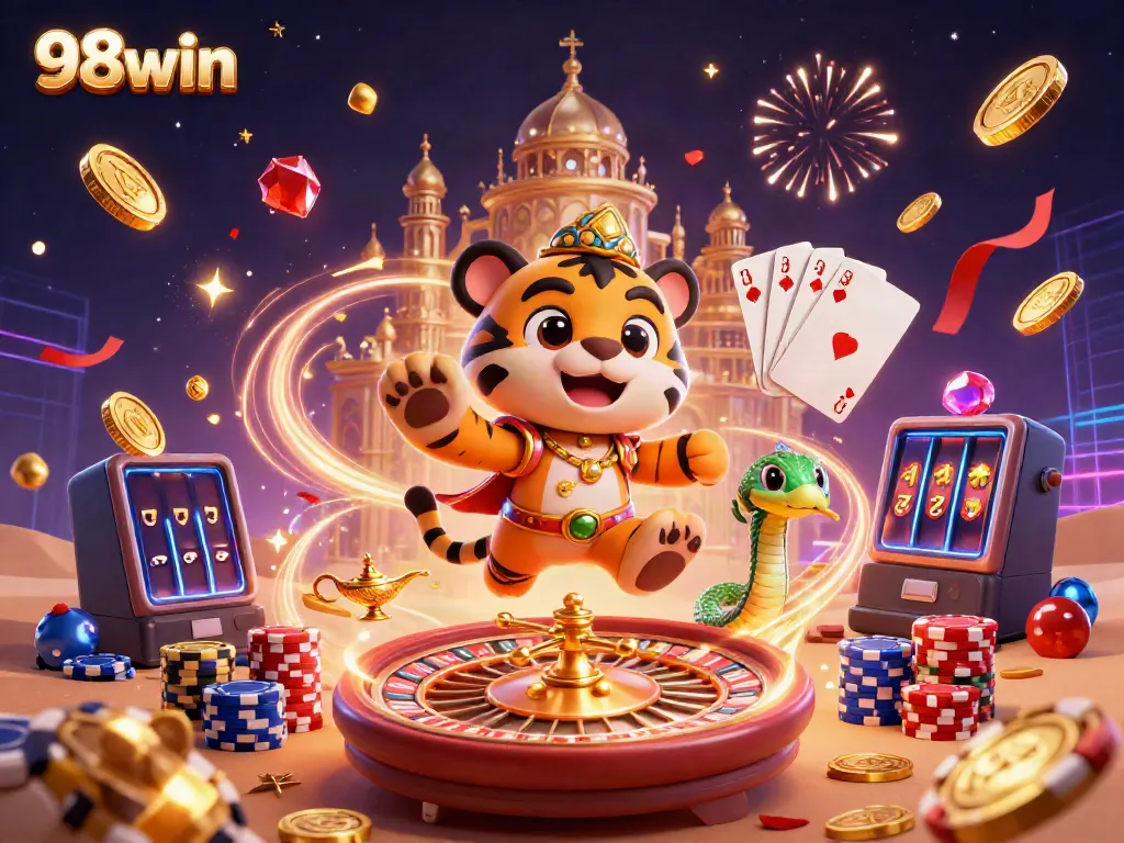 Experience the thrill of 98win casino with vibrant imagery showcasing a cartoon sultan, magic lamp, and dynamic gambling elements.