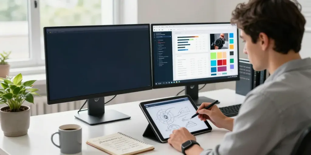 Designer optimizing instant indexing tools in a bright office.