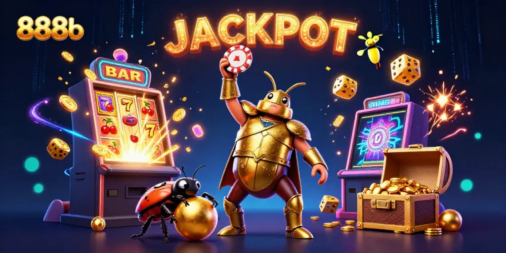 Experience thrilling victories with 888b as cartoon characters celebrate a jackpot in a vibrant casino scene.
